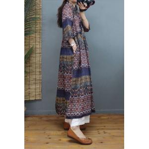 High-Waist Printed Folk Dress Loose Ramie Boho Dress