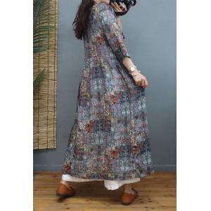 High-Waist Printed Folk Dress Loose Ramie Boho Dress