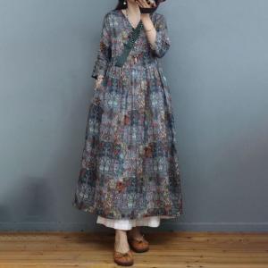 High-Waist Printed Folk Dress Loose Ramie Boho Dress