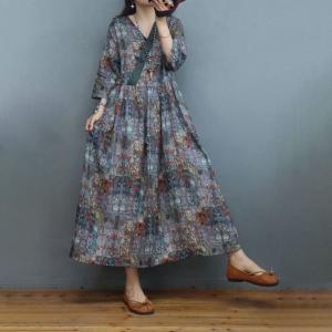 High-Waist Printed Folk Dress Loose Ramie Boho Dress