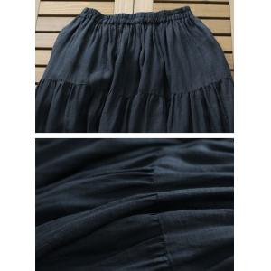 Spring Style Black Linen A-Line Dress Midi Tiered Skirt