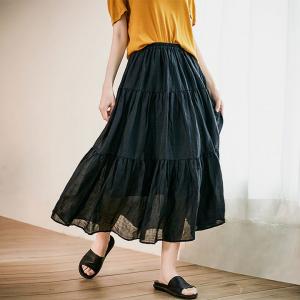 Spring Style Black Linen A-Line Dress Midi Tiered Skirt