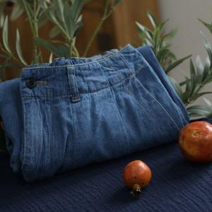 Summer Fashion Blue High Rise Jeans Cotton Linen Wide Leg Pants