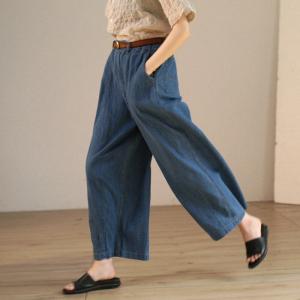 Summer Fashion Blue High Rise Jeans Cotton Linen Wide Leg Pants