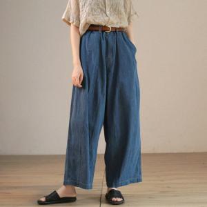 Summer Fashion Blue High Rise Jeans Cotton Linen Wide Leg Pants