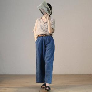 Summer Fashion Blue High Rise Jeans Cotton Linen Wide Leg Pants