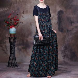 Cotton Linen Green Floral Sleeveless Tied Dress with Black Tee