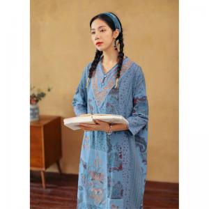 Chinese Fashion Cotton Linen Island Dress Mid-Calf Boho Embroidery Dress