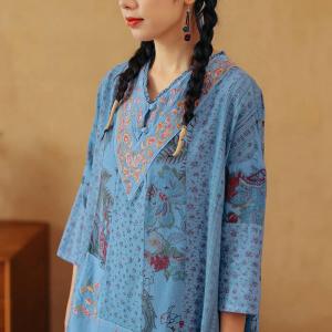 Chinese Fashion Cotton Linen Loose Dress Mid-Calf Boho Embroidery Dress