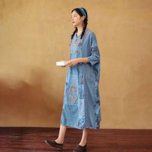 Chinese Fashion Cotton Linen Island Dress Mid-Calf Boho Embroidery Dress