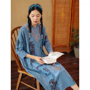 Chinese Fashion Cotton Linen Island Dress Mid-Calf Boho Embroidery Dress