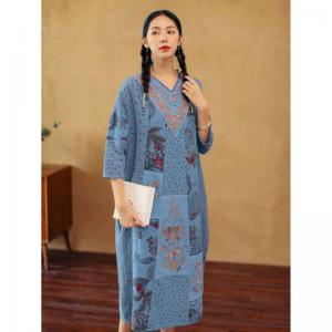 Chinese Fashion Cotton Linen Loose Dress Mid-Calf Boho Embroidery Dress