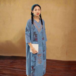 Chinese Fashion Cotton Linen Island Dress Mid-Calf Boho Embroidery Dress