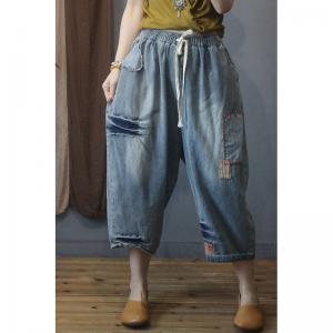 Plaid Patchwork Stone Wash Jeans Baggy Pull-On Crop Jeans