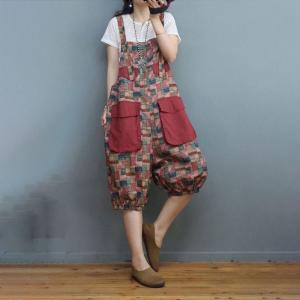 Folk Printed Cotton Linen Jumper Pants Mid-Calf Tropical Overall Shorts