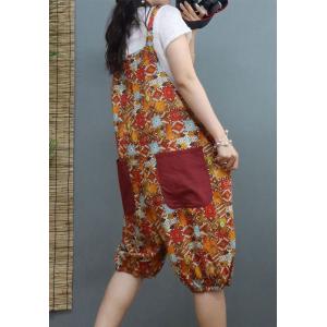 Folk Printed Cotton Linen Jumper Pants Mid-Calf Tropical Overall Shorts