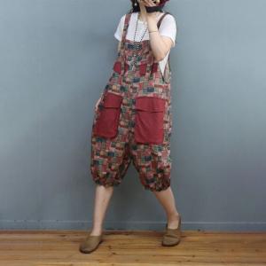 Folk Printed Cotton Linen Jumper Pants Mid-Calf Tropical Overall Shorts