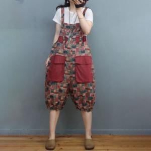 Folk Printed Cotton Linen Jumper Pants Mid-Calf Tropical Overall Shorts