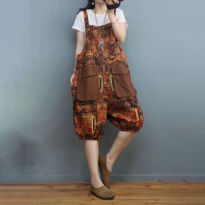 Folk Printed Cotton Linen Jumper Pants Mid-Calf Tropical Overall Shorts