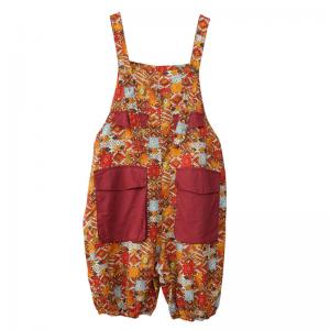 Folk Printed Cotton Linen Jumper Pants Mid-Calf Tropical Overall Shorts