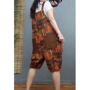 Folk Printed Cotton Linen Jumper Pants Mid-Calf Tropical Overall Shorts