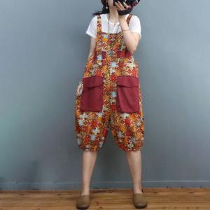 Folk Printed Cotton Linen Jumper Pants Mid-Calf Tropical Overall Shorts