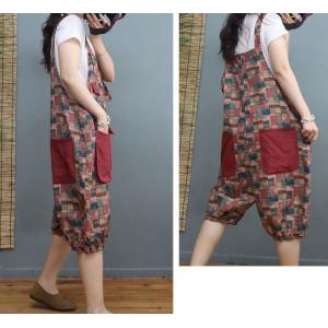 Folk Printed Cotton Linen Jumper Pants Mid-Calf Tropical Overall Shorts
