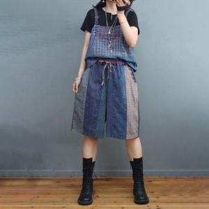 Beach Style Cotton Linen Checkered Vest with Wide Leg Shorts Sets