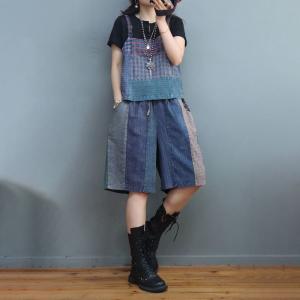 Beach Style Cotton Linen Checkered Vest with Wide Leg Shorts Sets