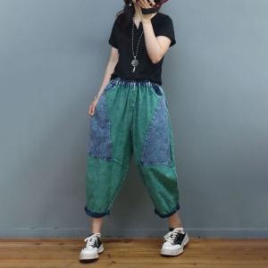 Green Contrast Womens Baggy Jeans Blue Patchwork Dad Jeans