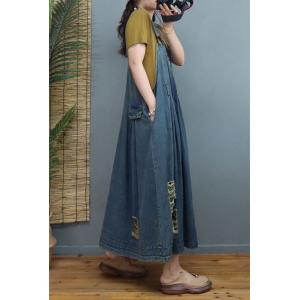 Thin Denim Comfy Maxi Dress Summer Ripped Flare Sundress