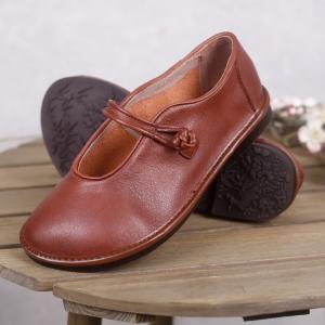 Chinese Style Cowhide Leather Vintage Shoes Buckle Shallow Mom Shoes