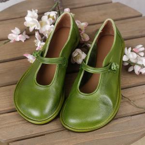 Chinese Style Cowhide Leather Vintage Shoes Buckle Shallow Mom Shoes