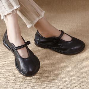 Chinese Style Cowhide Leather Vintage Shoes Buckle Shallow Mom Shoes