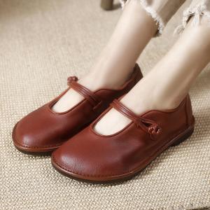 Chinese Style Cowhide Leather Vintage Shoes Buckle Shallow Mom Shoes