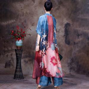 Half Sleeves Huge Flowers Shirt Dress with Tencel Palazzo Pants Sets