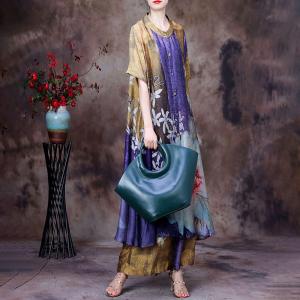 Half Sleeves Huge Flowers Shirt Dress with Tencel Palazzo Pants Sets