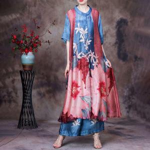 Half Sleeves Huge Flowers Shirt Dress with Tencel Palazzo Pants Sets