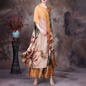 Half Sleeves Huge Flowers Shirt Dress with Tencel Palazzo Pants Sets