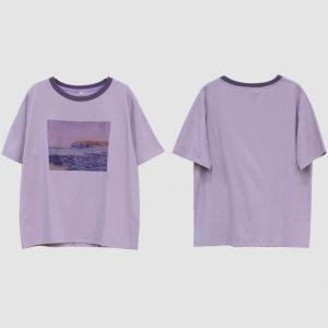Short Sleeves Violet Painted T-shirt Casual Cotton Tee for Women