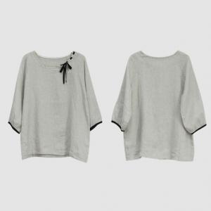 Bowknot Collar Loose Flax Clothing Puff Sleeves Linen T-shirt