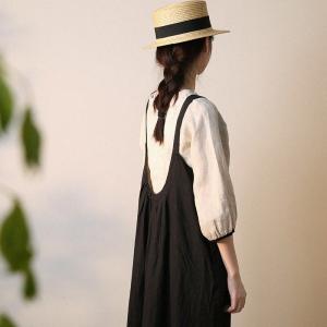 Bowknot Collar Loose Flax Clothing Puff Sleeves Linen T-shirt