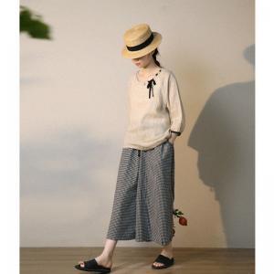 Bowknot Collar Loose Flax Clothing Puff Sleeves Linen T-shirt