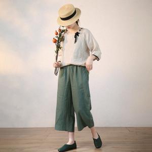 Bowknot Collar Loose Flax Clothing Puff Sleeves Linen T-shirt