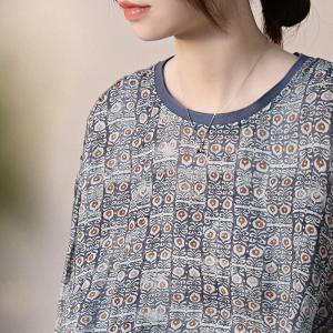 Crew Neck Long Sleeves Pullover Blue Dotted Ramie Tee