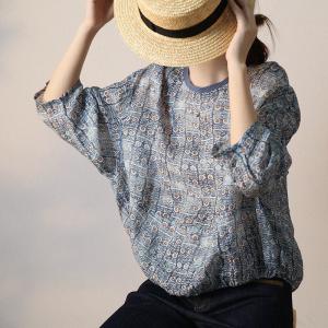 Crew Neck Long Sleeves Pullover Blue Dotted Ramie Tee