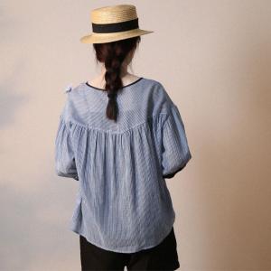 Blue Horizontal Striped Blouse Puff Sleeves Cotton Oversized Tshirt