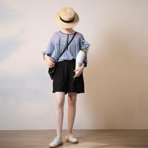 Blue Horizontal Striped Blouse Puff Sleeves Cotton Oversized Tshirt