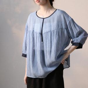 Blue Horizontal Striped Blouse Puff Sleeves Cotton Oversized Tshirt