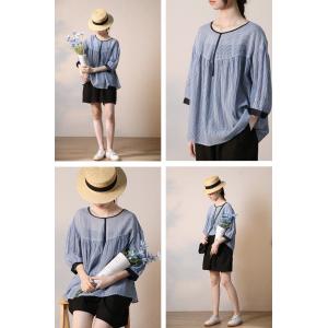 Blue Horizontal Striped Blouse Puff Sleeves Cotton Oversized Tshirt